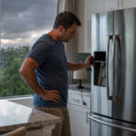 Tampa homeowner checking a refrigerator after a storm-related power outage