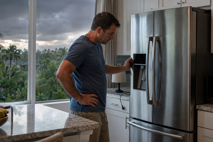 Tampa homeowner checking a refrigerator after a storm-related power outage