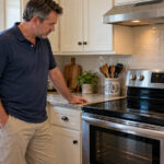 Homeowner checking a stainless steel oven’s controls with a tray of unbaked rolls nearby.